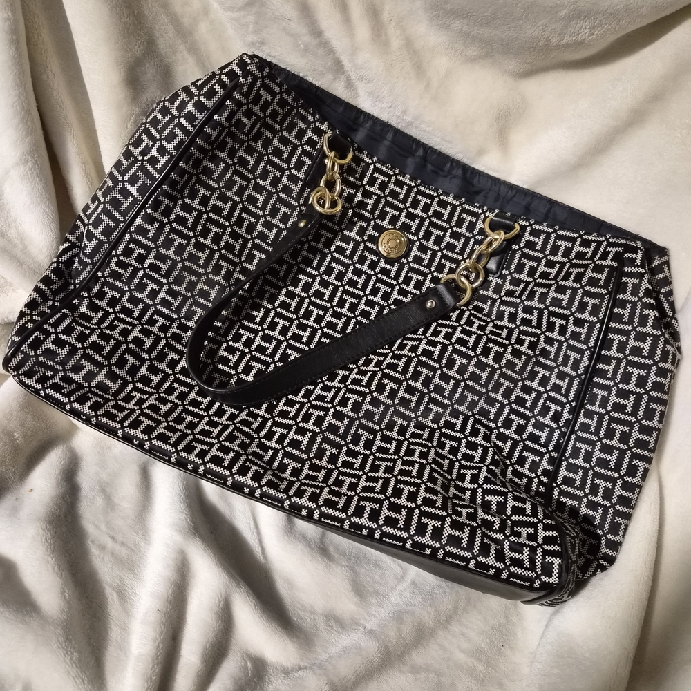 Tommy Hilfiger Black & White Monogram Tote with‎ Gold Hardware